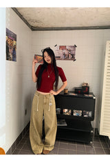 Khaki brown line wide cotton pants