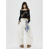 Americana Curved Wide Leg Denim Pants with Detachable Scarf