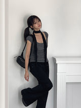 Rie Stripe Button Puff Short Sleeve T-Shirt