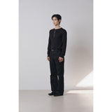 Leather ribbed henry neck long sleeves(Black)