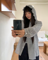 Juring frill checkered hooded long-sleeve shirt
