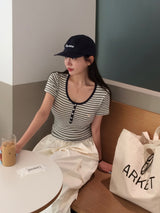 [MADE] Wow, ストライプUネック半袖Tシャツ