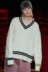 CABLE V NECK CRICKET KNIT / IVORY