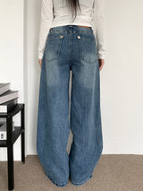 Rivet eyelet punching washed wide denim pants (Denim)