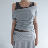[Ahedin] Ribbed Off-Shoulder Short-Sleeve T-Shirt - 4 Colors