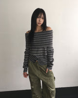 ストライプオフボタンニット