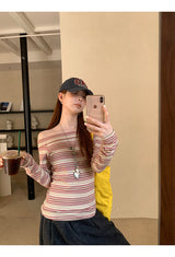 burgundy striped off-shoulder long-sleeve t-shirt