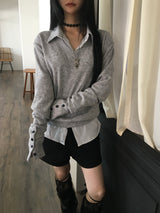 メイスリーブボタンVネックニット