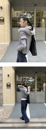 Warm Fur Hooded Zip-Up Knit Cardigan
