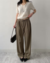 Marron Belted Two-Tuck Wide Slacks