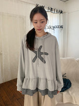 Nahin Check Patch Frill Hood Long Sleeve Tee