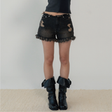 FRINGE DENIM SHORTS (BLACK)