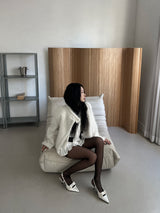 Classic Metal Wave Double Button High Neck Fur Coat (White)