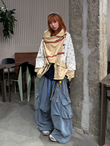 RELABEL (RE-MAKE) Double-Waist, Splashed-Ink, Washed, Distressed Ice-Blue Cargo Sweatpants