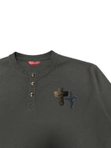 FLOCKED DENIM PATCH EMBROIDERY WAFFLE KNIT HENLEY COLLAR BASE LAYER CARDIGAN