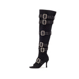 Denim Buckle Open Toe Boots Heel(Black)