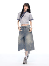 Vintage Star Print Washed Wide Cropped Denim Pants