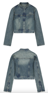 Sand Washing Crop Biker Denim Jacket