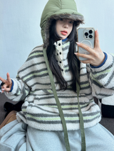 ストライプフリースワンサイドストリングアノラックニットスウェット 💙🩶🧡3COLOR