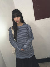 ビーダイアゴナルヘンリーネックボーダー長袖Tシャツ