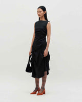 DOZI - Sleeveless Pinched Long Dress _ BLACK