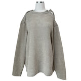 [UNISEX] Overfit velor off shoulder double snap button long sleeve knit T (4 colors)