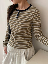 Mibat Stripe Henley Neck Long Sleeve Tee