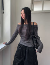 Ruffle see-through shirring drape long sleeve