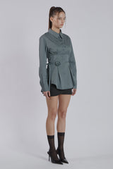 PINTUCK ROSE BELT SHIRT(BLUE GRAY)