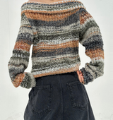 SNOWFLAKE COLOR-BLOCK BROWN OFF-SHOULDER LONG-SLEEVE KNIT