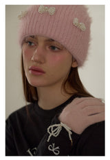 Pearl Ribbon Furry Knit Beanie