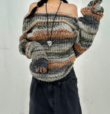 SNOWFLAKE COLOR-BLOCK BROWN OFF-SHOULDER LONG-SLEEVE KNIT