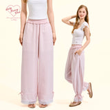 [GirlyFancyClub] Pink Tencel Linen Pants for Women Lazy Comfortable Dual-Wear Elastic Waist Straight Leg Carrot Pants