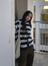 Panple Stripe Wool Hood Knit Cardigan