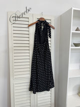 dot halter-neck sleeveless V-neck long dress