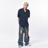CRINKLE LINEN HALF SHIRTS NAVY