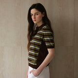 Striped Collar Short Sleeve Knit_Brown