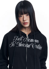 Lettering Embroidered Hoodie Zip-Up - Black