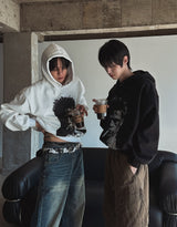 B-Pit Printed Snap Balloon Crop Hoodie