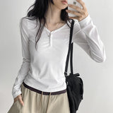 Stretchy* Riju Snap Henley Neck Ribbed Long Sleeve T-Shirt (4 colors)