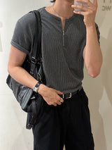 LMN zipper Henley neck V-neck short-sleeved knitwear (4 colors)