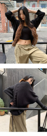 Batwing Fur No Collar Knit Cardigan