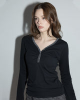 Shirring Henley Neck Long Sleeve Black