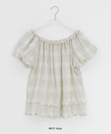 Ame Check Off-Shoulder Frill Short Sleeve Blouse