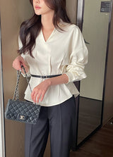 Doberin Open Collar Pintuck Blouse (Belt Set)
