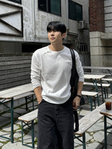 Waffle diagonal button crop long-sleeve t-shirt