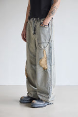 DOUBLE-KNEE CRACK-WASHED DENIM PANTS