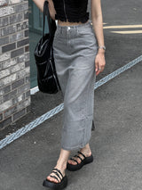 SALE! Gray washed denim back slit H-line long skirt (Gray)