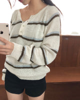 Trsen Stripe Button Henley Neck Long Sleeve Knit
