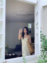 Slit shirring flower long sleeveless dress